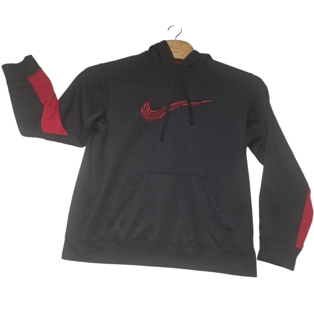Nike Therma-FIT Mens Hoodie Black Red Embroidered Swoosh Pullover Large